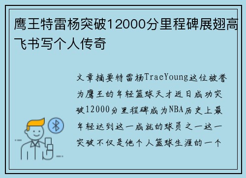 鹰王特雷杨突破12000分里程碑展翅高飞书写个人传奇